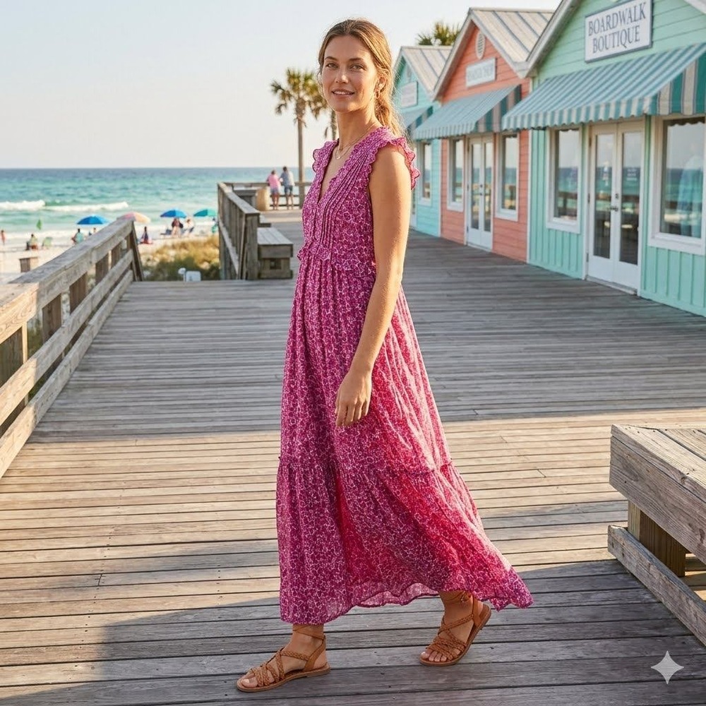 Banjanan Pink Floral Cotton Maxi Dress V-Neck Ruffle Tiered Sleeveless Large